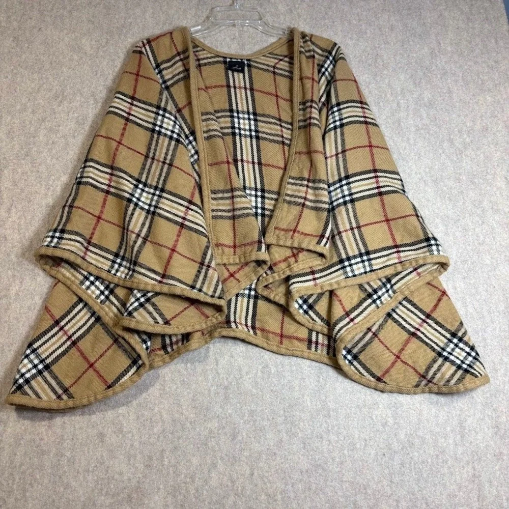 V. Fraas Poncho Wrap Women L Tan Acrylic Plaid Cape Classic Preppy Coastal Chic